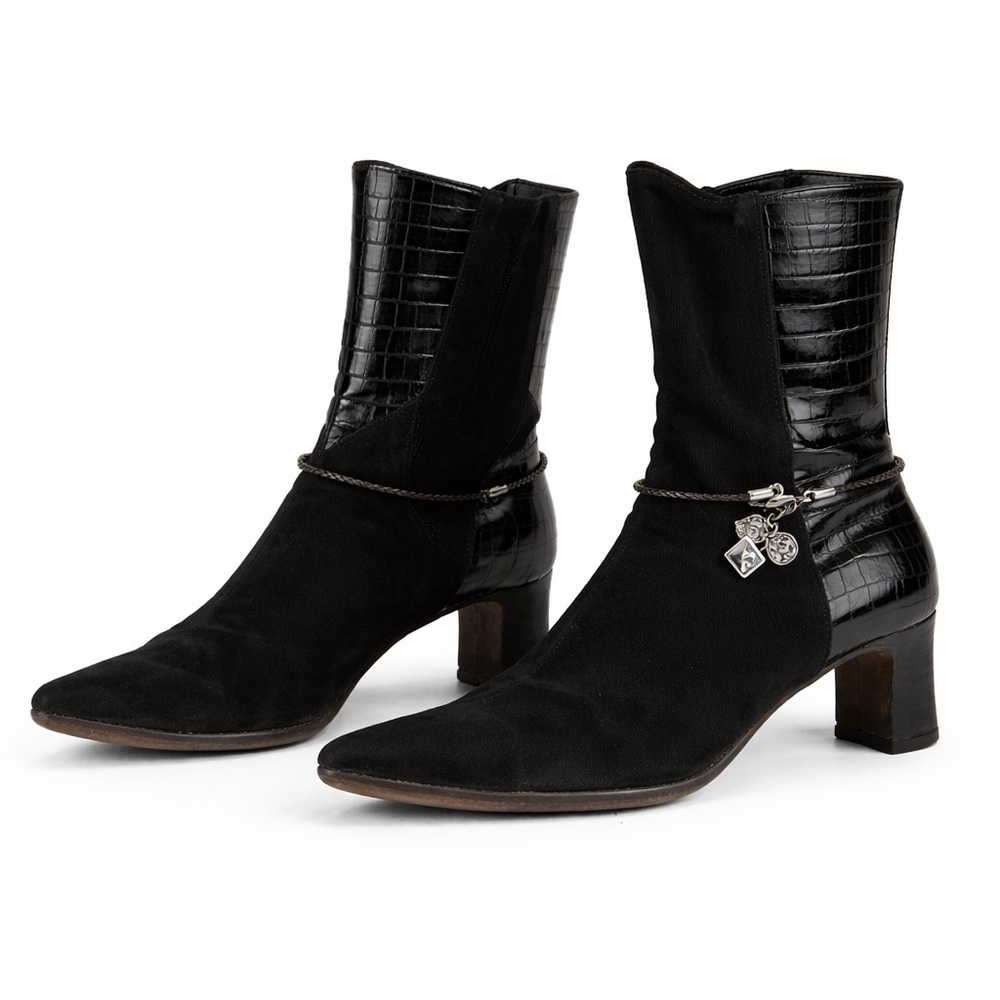 Brighton Italian Black Leather Ankle Boots Charm Block Heel Women’s Size 8.5